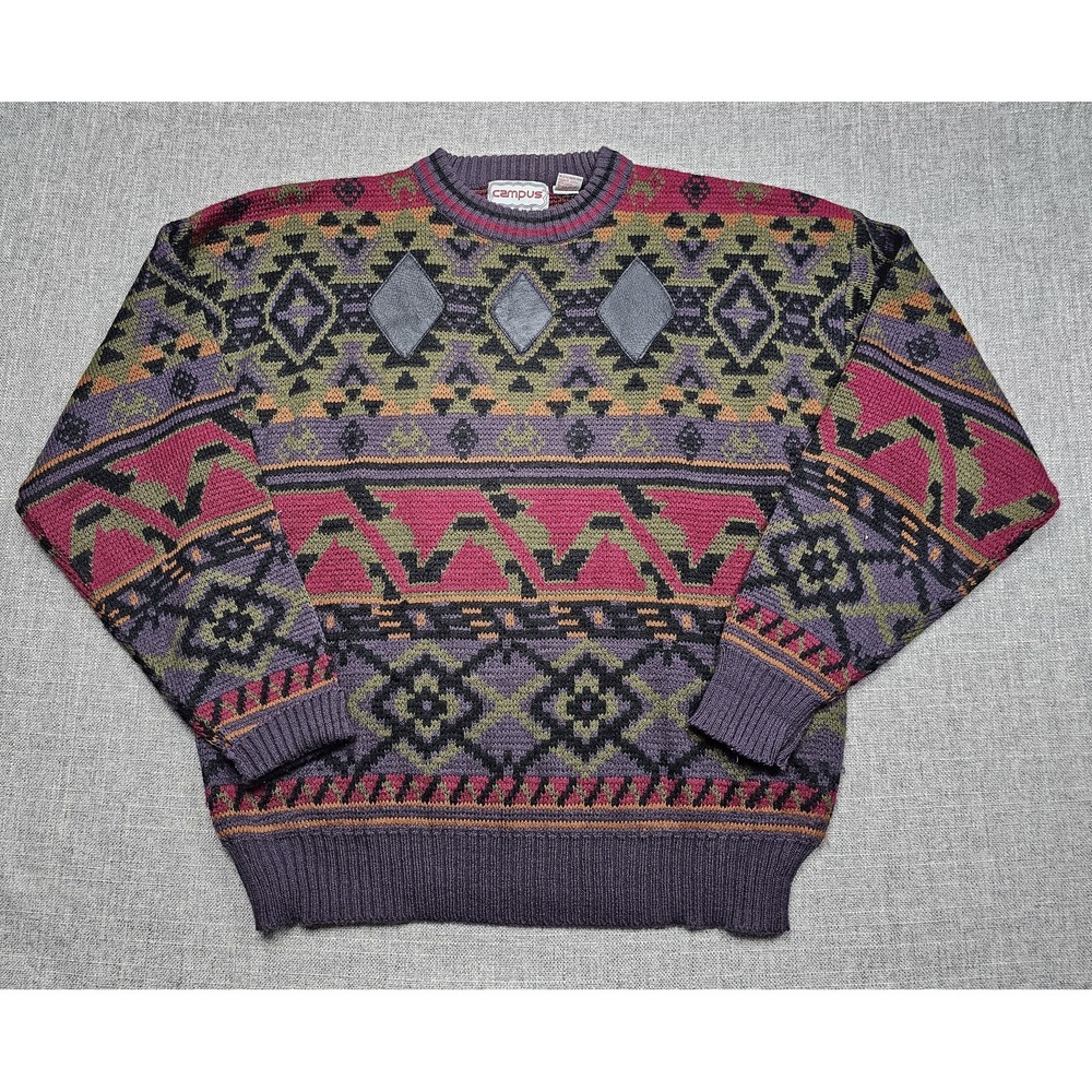 Vintage Campus Sweater Mens XL Multicolor Geometric Leather Acrylic Knit 90s